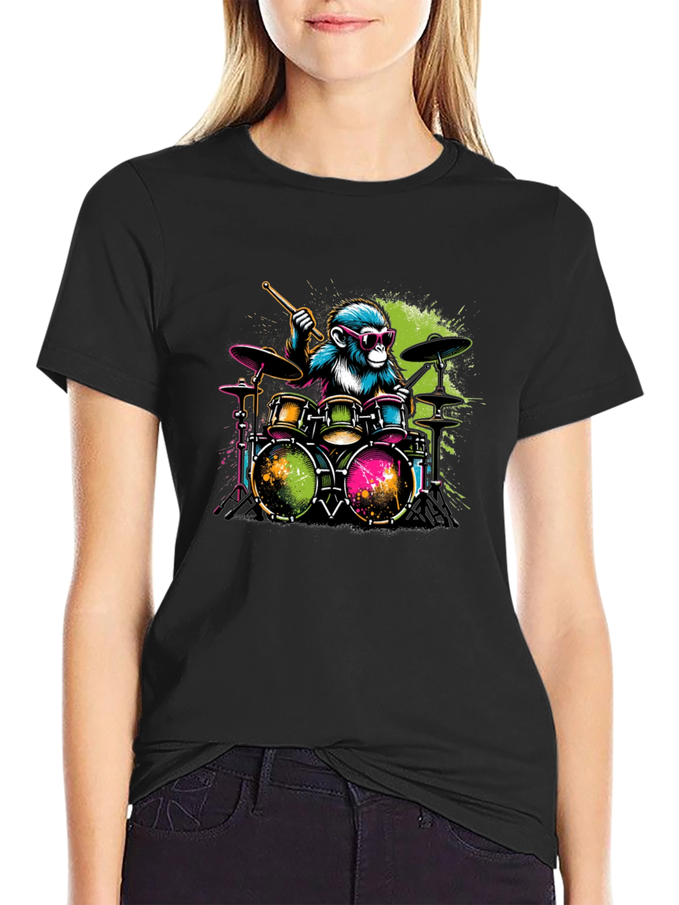 Monkey Drummer Graphic T-Shirt - Cool Animal Band Tee