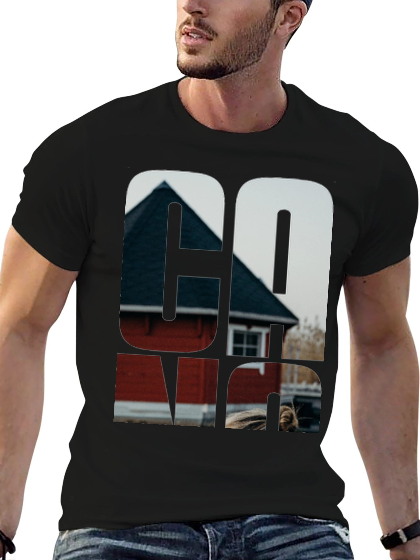 Cool Graphic Black T-Shirt with Home Print