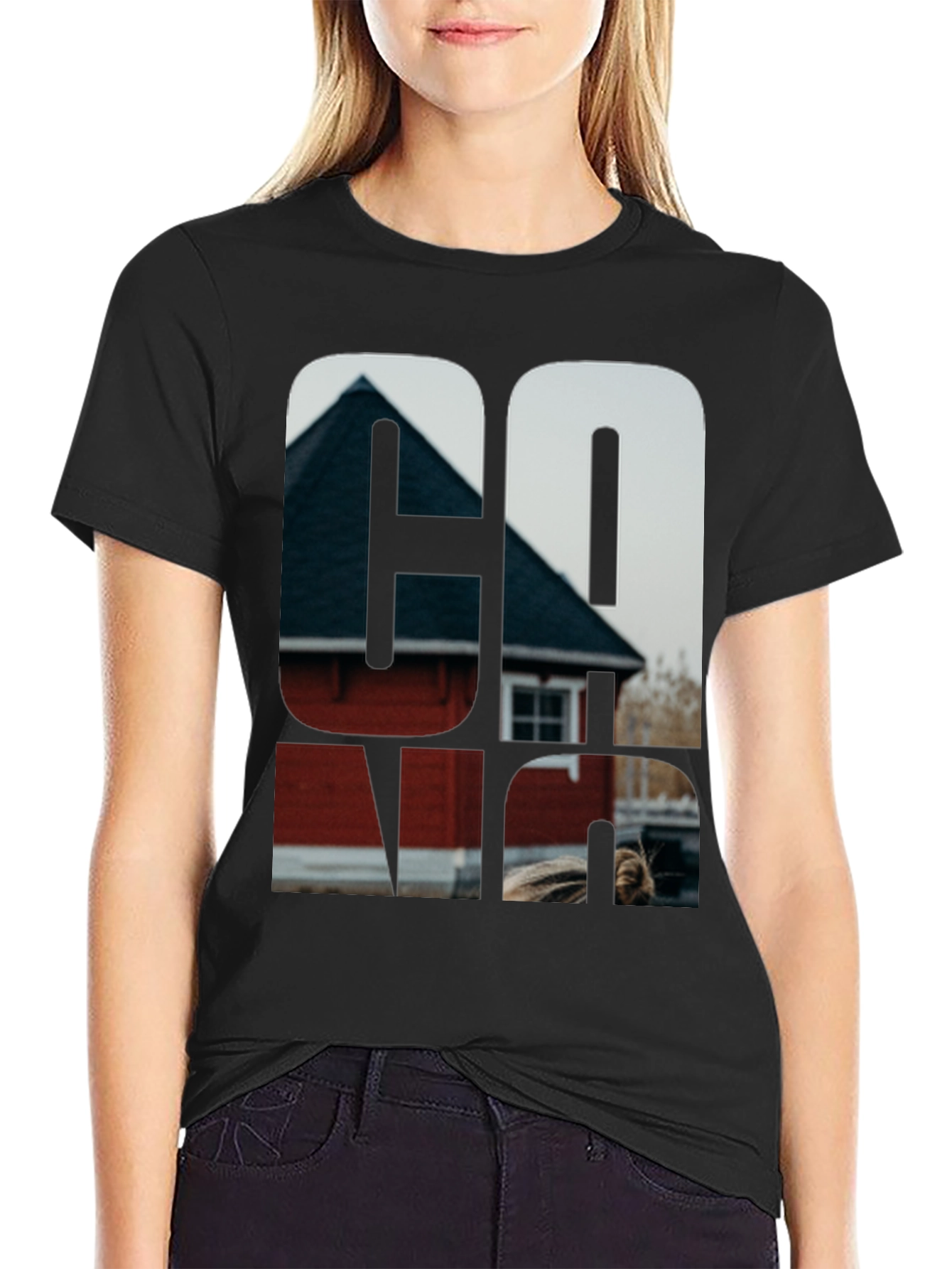 Cool Graphic Black T-Shirt with Home Print