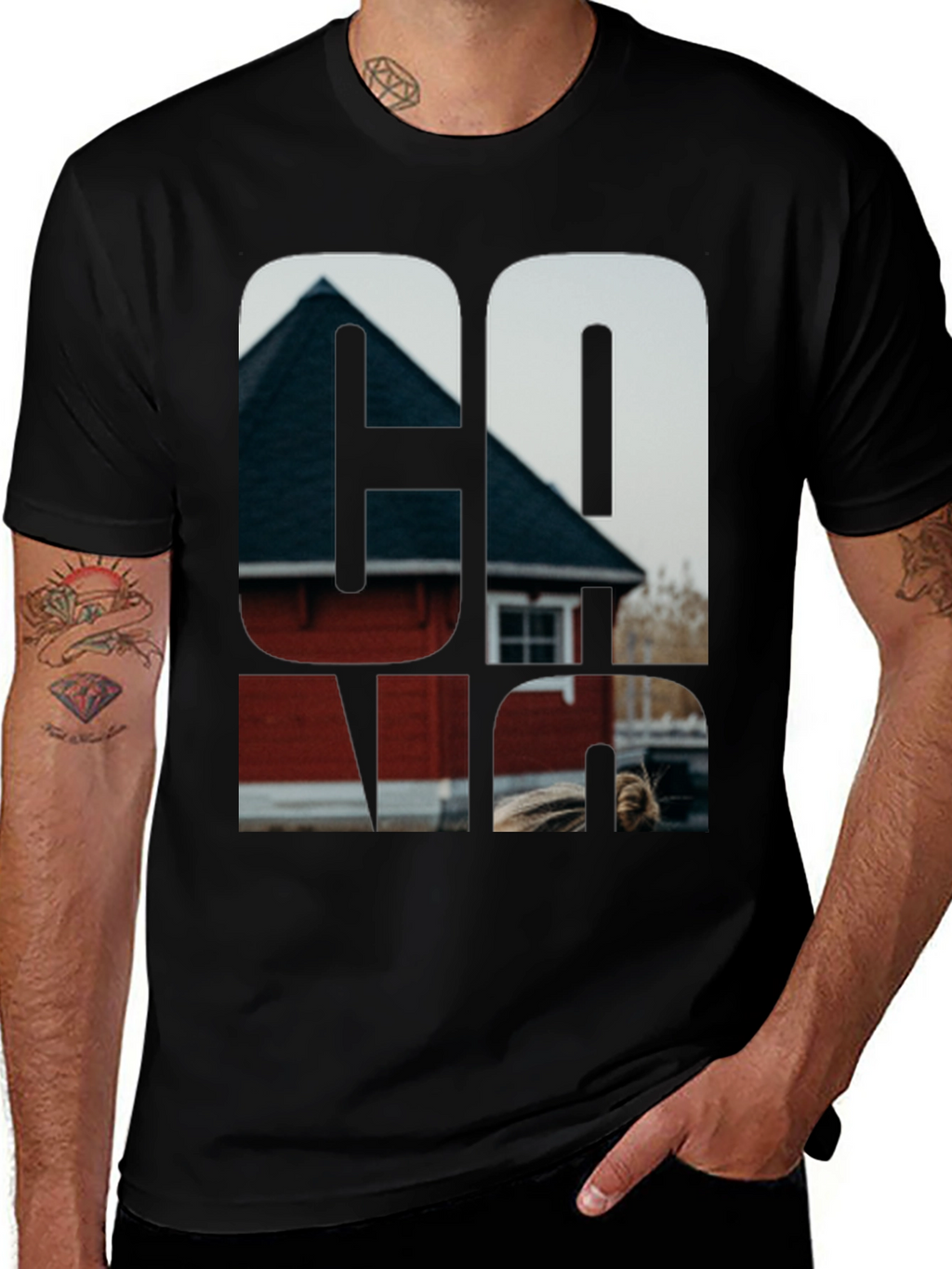 Cool Graphic Black T-Shirt with Home Print