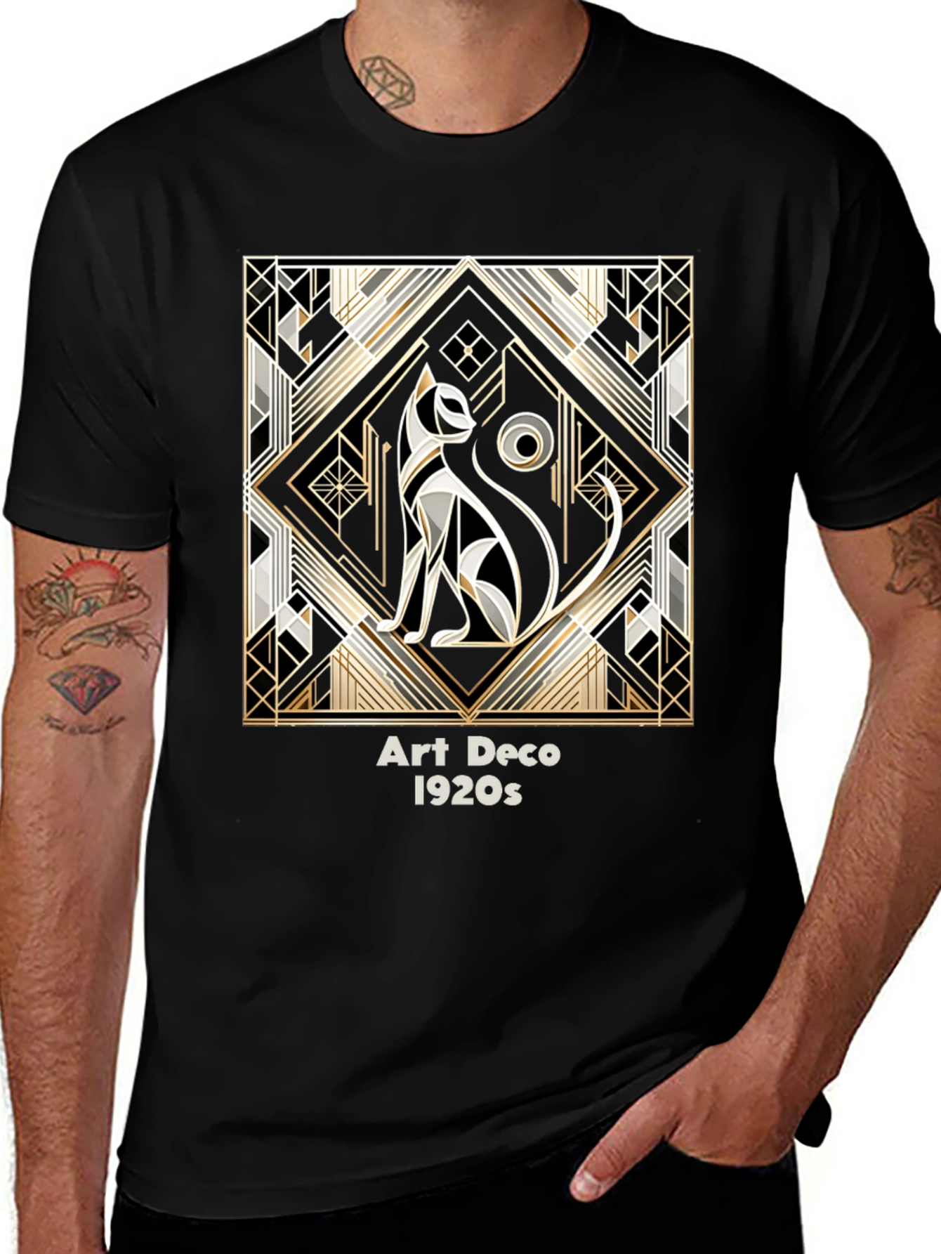 Art Deco Cat Graphic Tee - 1920s Inspired Black T-Shirt