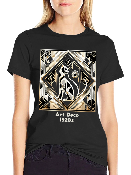 Art Deco Cat Graphic Tee - 1920s Inspired Black T-Shirt