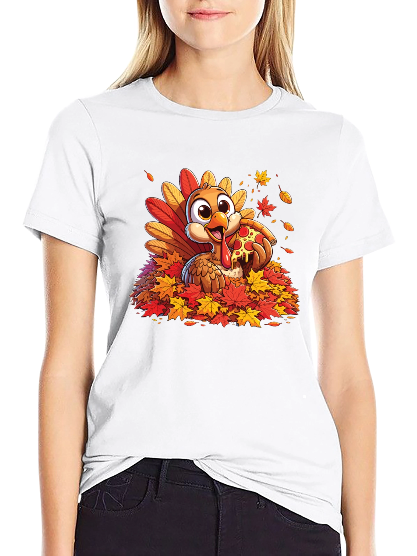 Turkey Pizza Fall Leaves T-Shirt Thanksgiving Tee