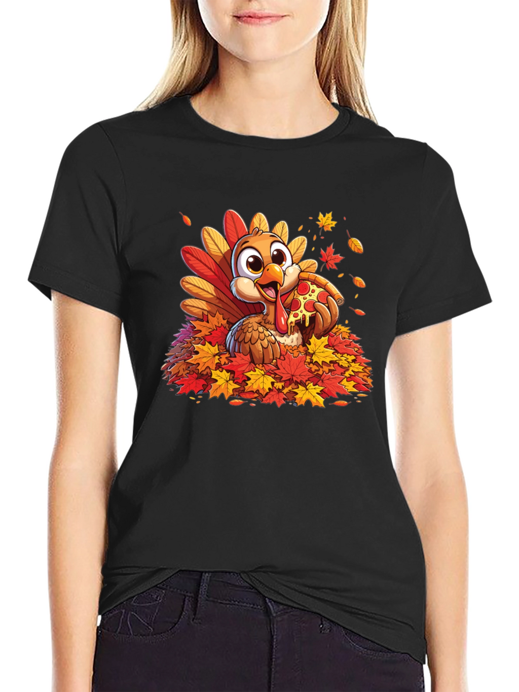 Turkey Pizza Fall Leaves T-Shirt Thanksgiving Tee