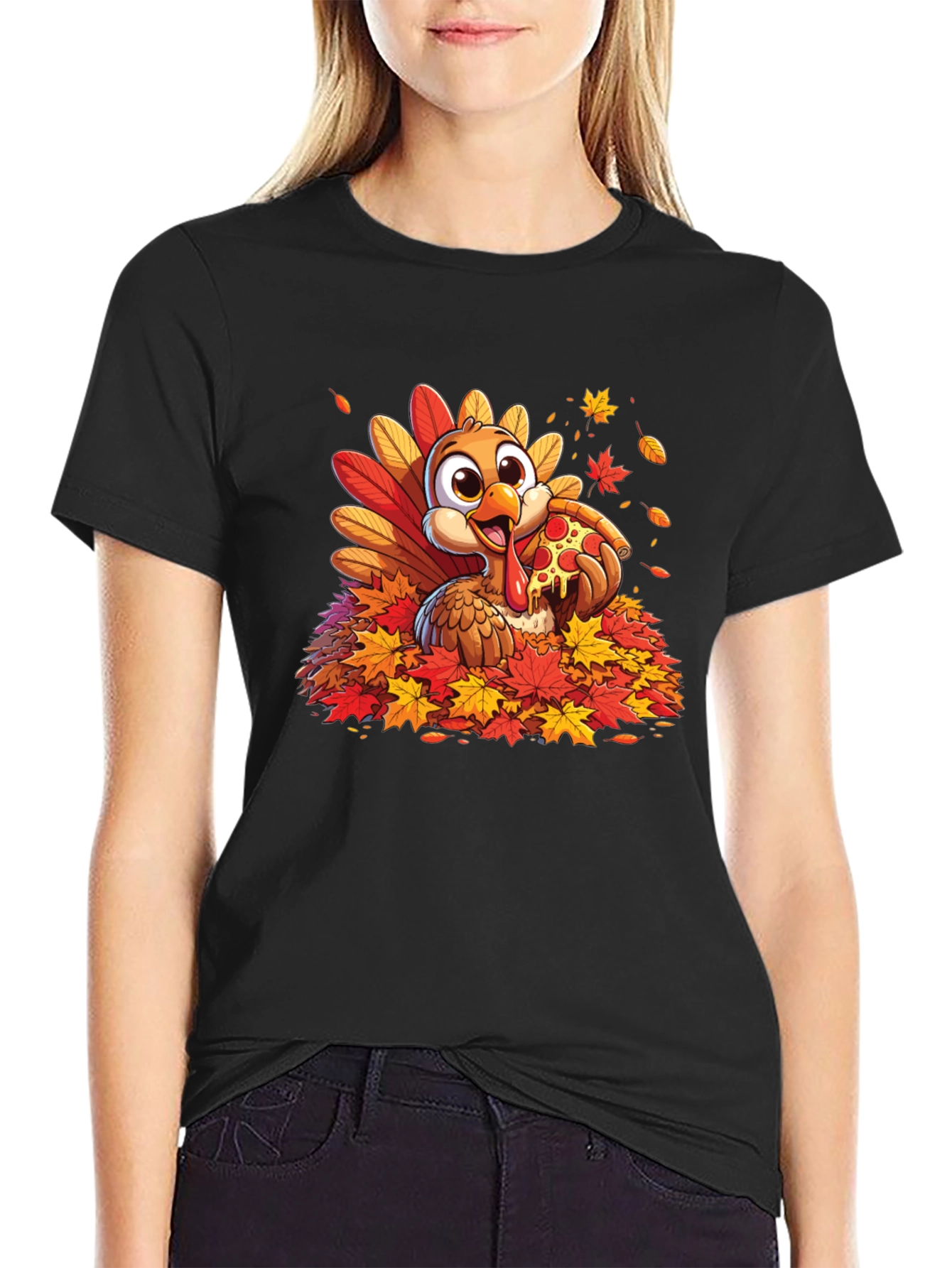 Turkey Pizza Fall Leaves T-Shirt Thanksgiving Tee