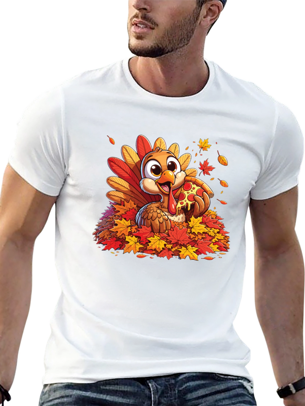 Turkey Pizza Fall Leaves T-Shirt Thanksgiving Tee