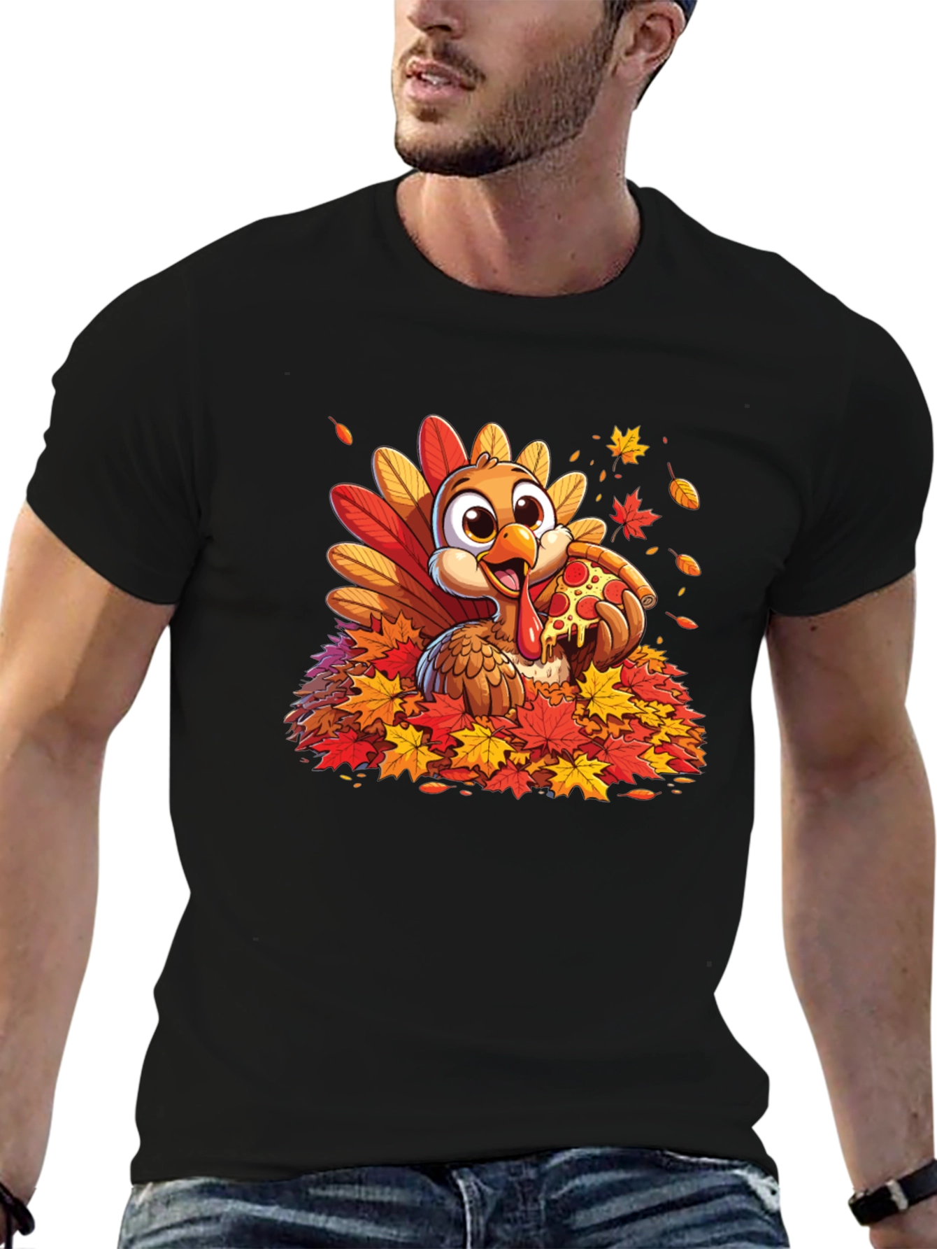 Turkey Pizza Fall Leaves T-Shirt Thanksgiving Tee