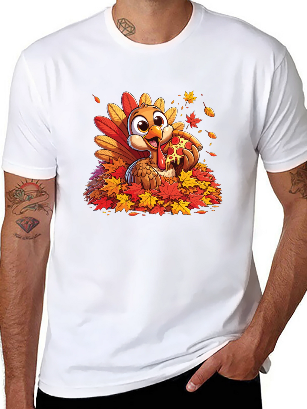 Turkey Pizza Fall Leaves T-Shirt Thanksgiving Tee