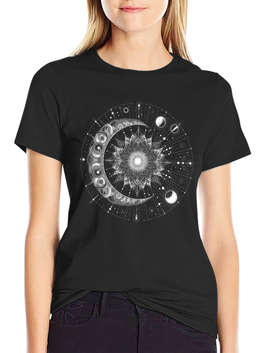 Celestial Moon Mandala Graphic Tee - Black