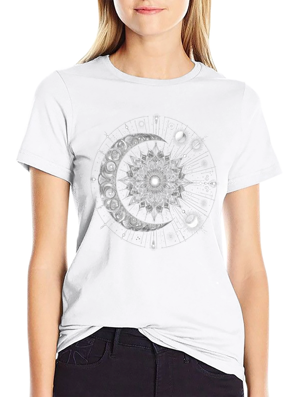 Celestial Moon Mandala Graphic Tee - Black