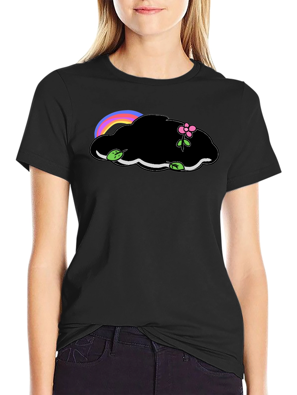 Black T-Shirt with Cloud and Flower Graphic