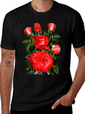Red Roses Graphic Print Mens Black T-Shirt