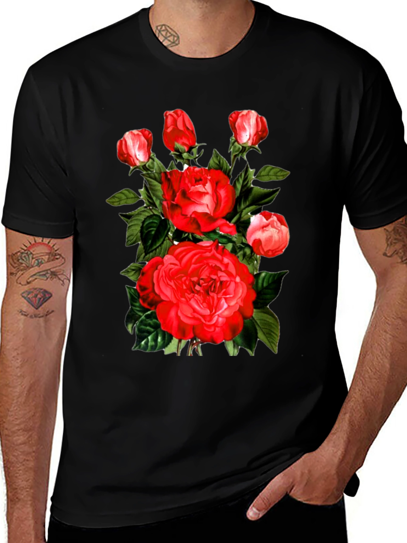 Red Roses Graphic Print Mens Black T-Shirt