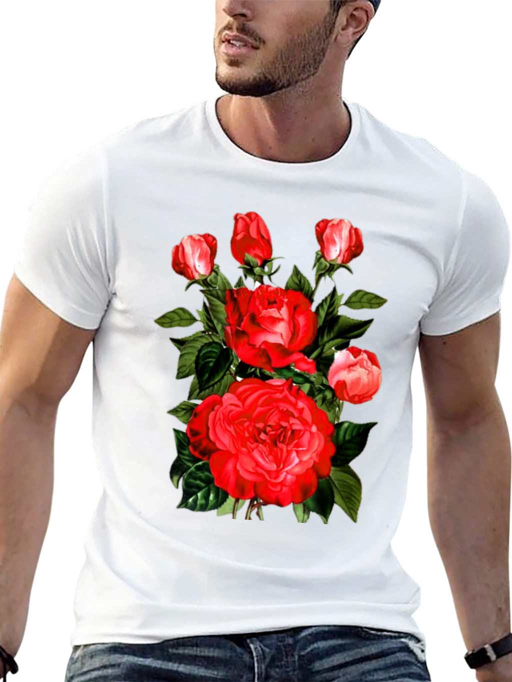 Red Roses Graphic Print Mens Black T-Shirt