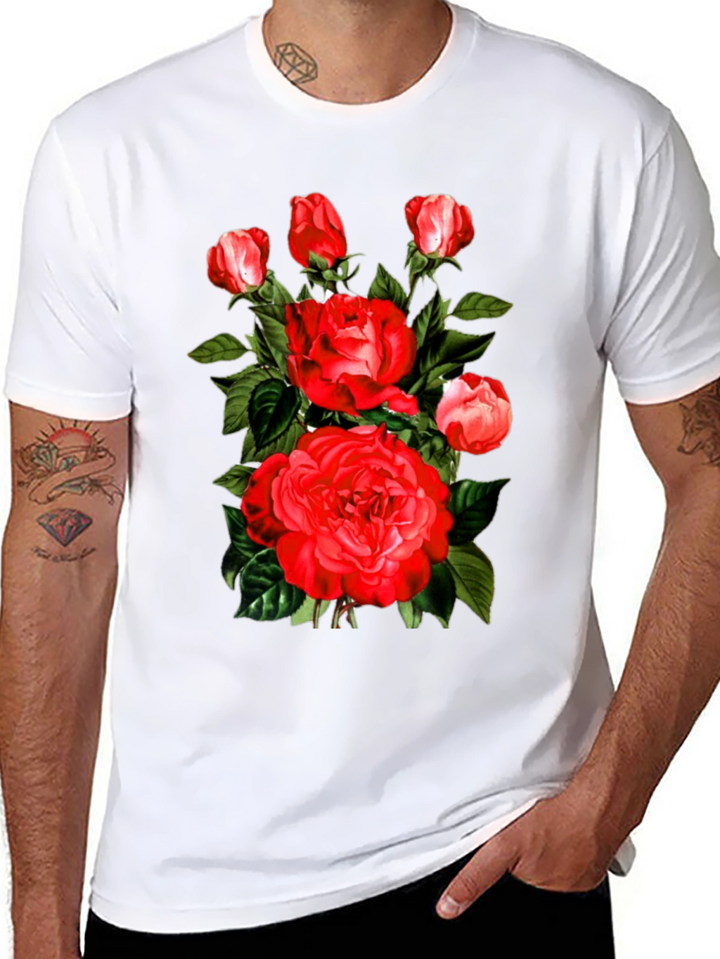 Red Roses Graphic Print Mens Black T-Shirt