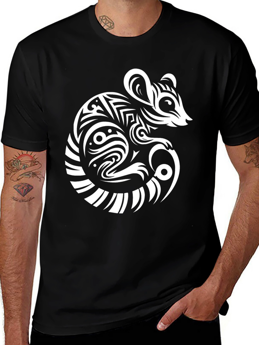 Tribal Mouse Graphic Black T-Shirt