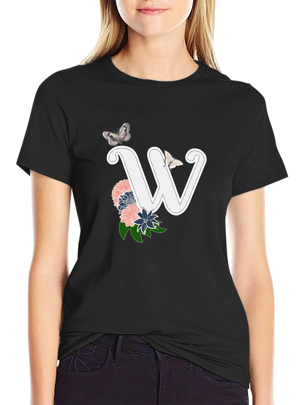 W Initial Floral Butterfly Black T-Shirt