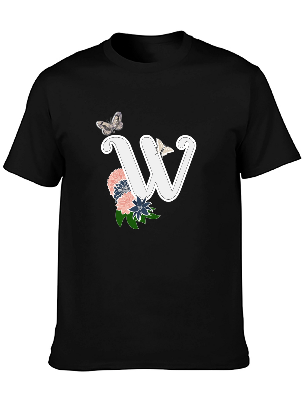 W Initial Floral Butterfly Black T-Shirt