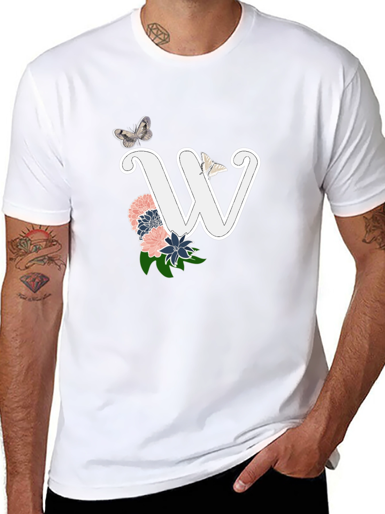 W Initial Floral Butterfly Black T-Shirt