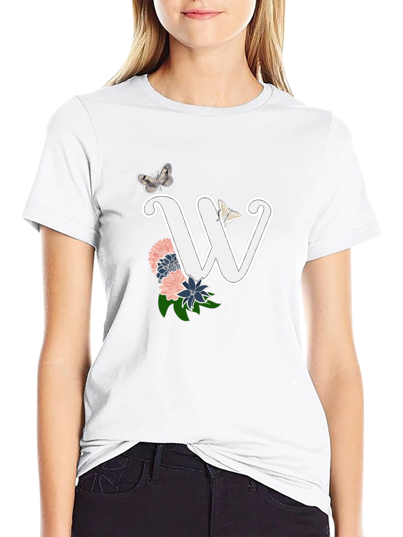 W Initial Floral Butterfly Black T-Shirt