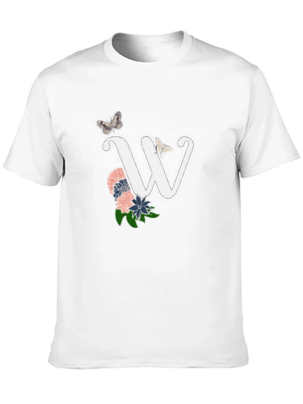W Initial Floral Butterfly Black T-Shirt