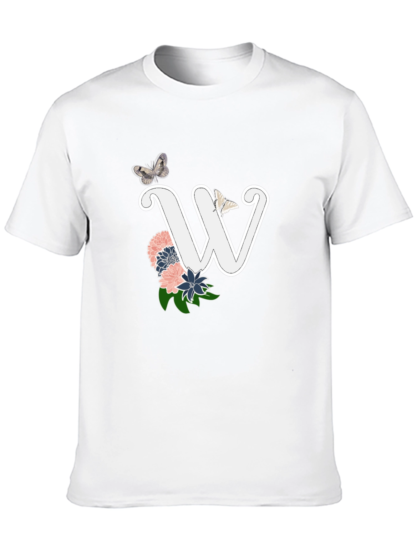 W Initial Floral Butterfly Black T-Shirt