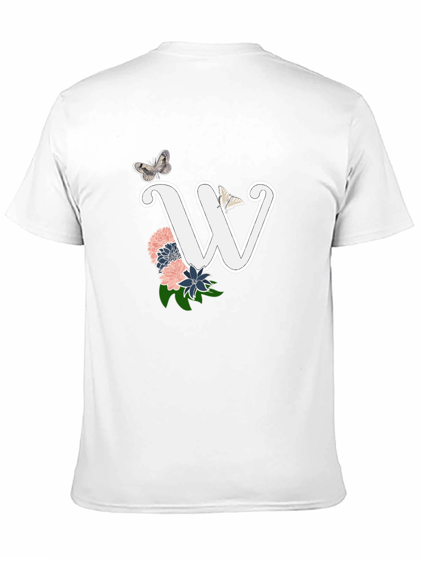 W Initial Floral Butterfly Black T-Shirt