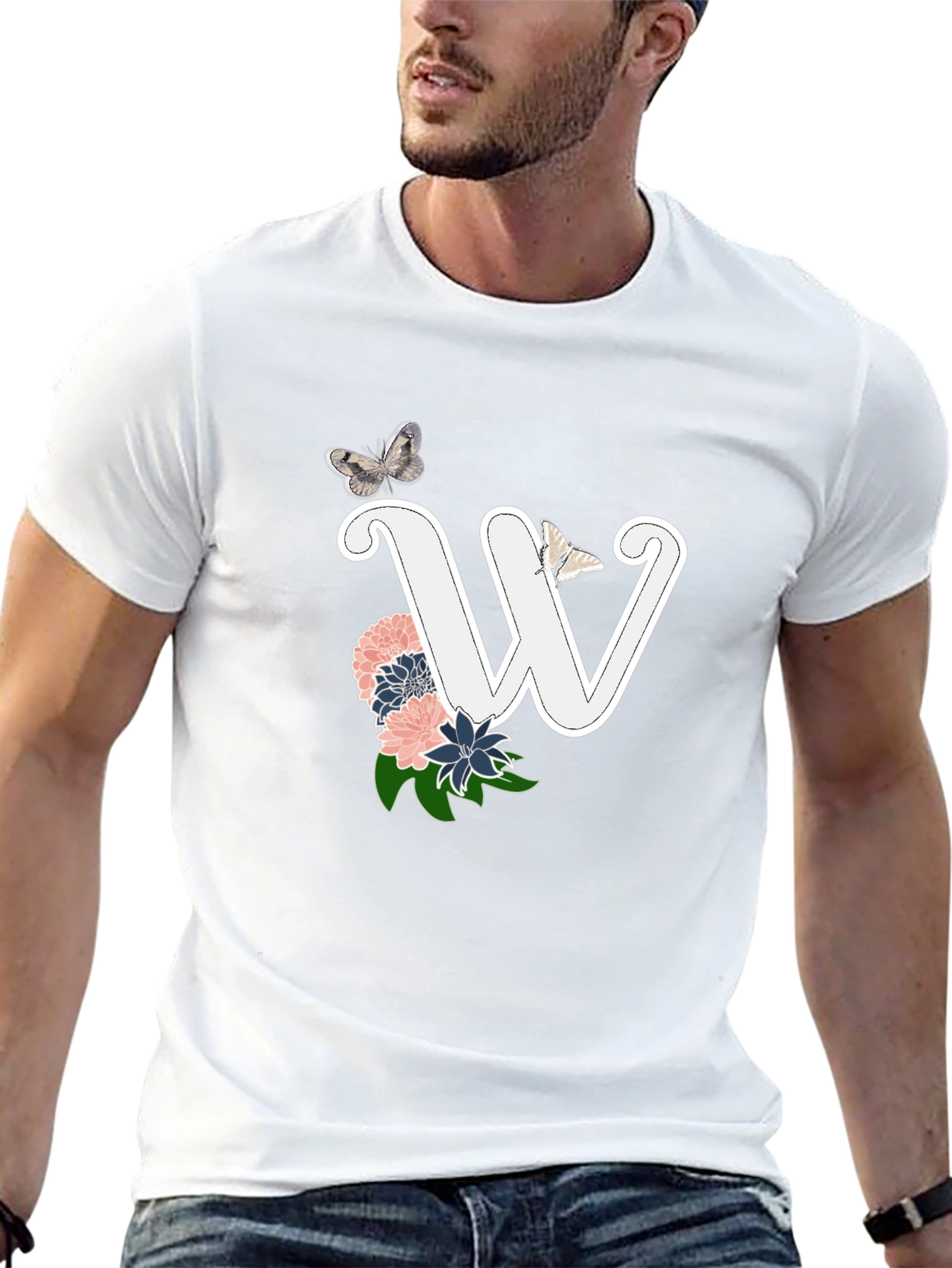 W Initial Floral Butterfly Black T-Shirt