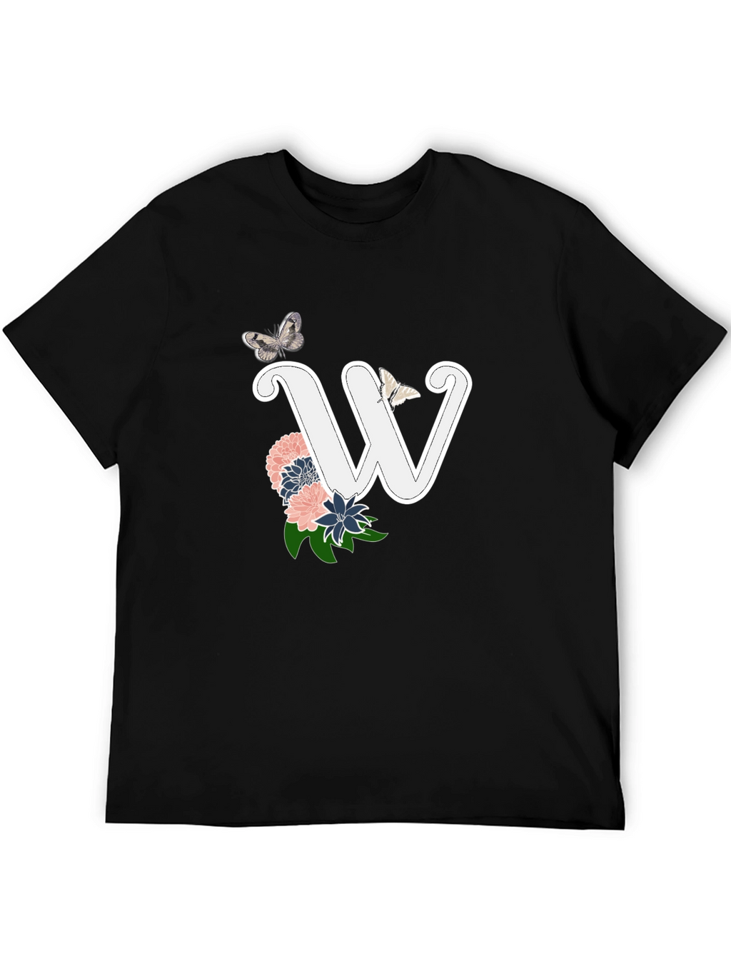 W Initial Floral Butterfly Black T-Shirt