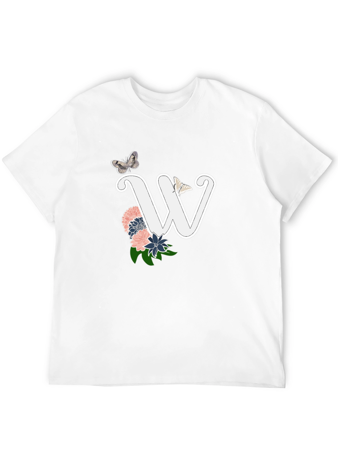 W Initial Floral Butterfly Black T-Shirt