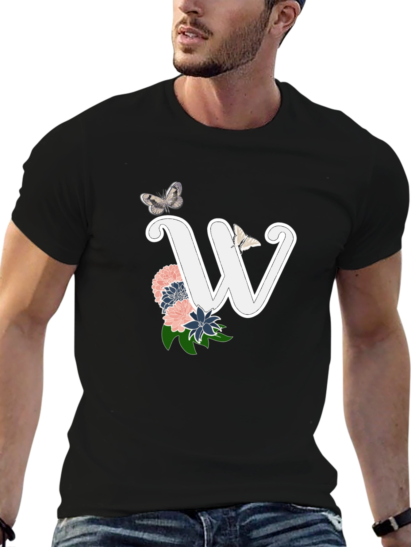 W Initial Floral Butterfly Black T-Shirt