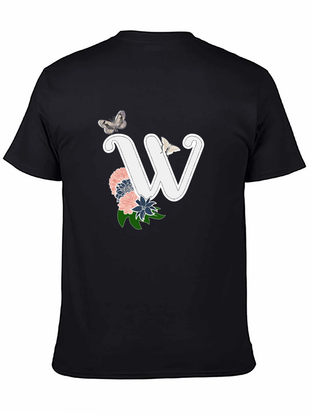 W Initial Floral Butterfly Black T-Shirt