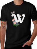 W Initial Floral Butterfly Black T-Shirt