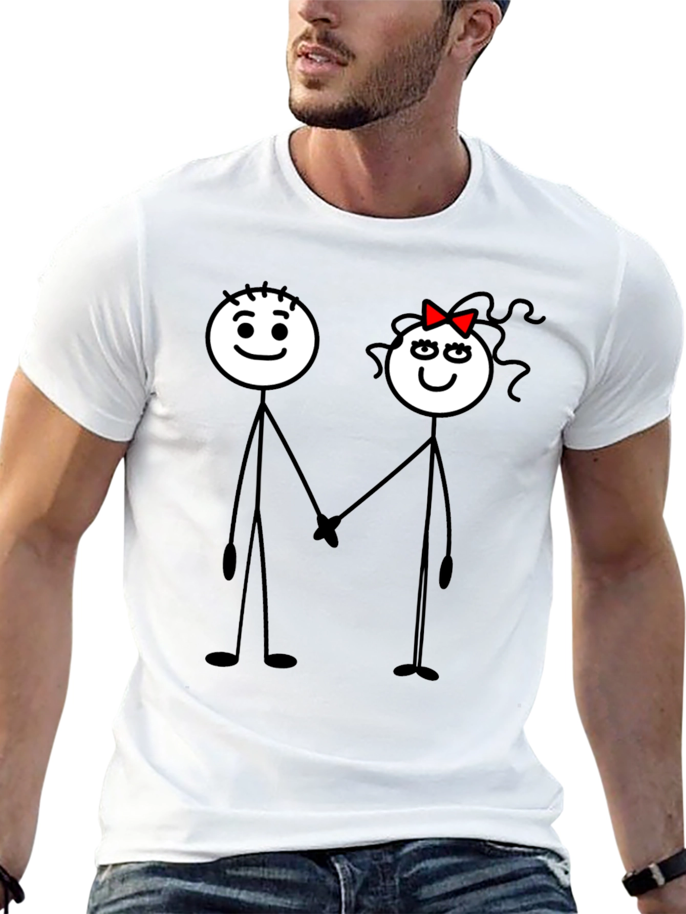 Couple Stick Figure Graphic Print Black T-Shirt