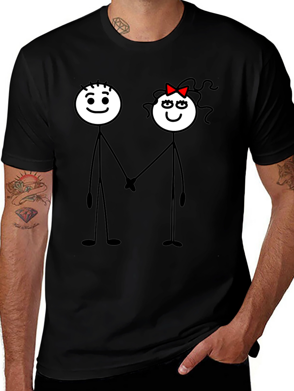 Couple Stick Figure Graphic Print Black T-Shirt