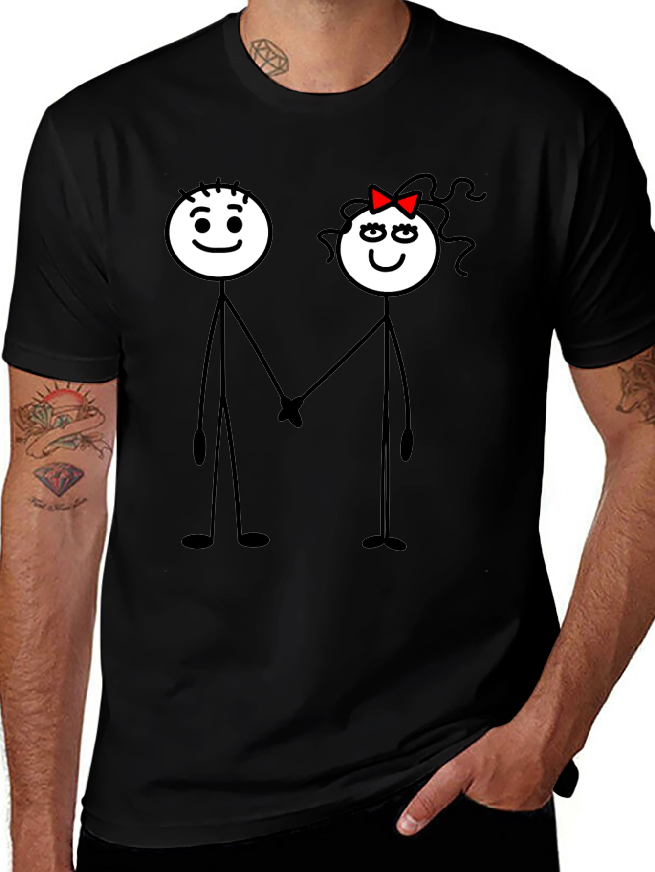 Couple Stick Figure Graphic Print Black T-Shirt