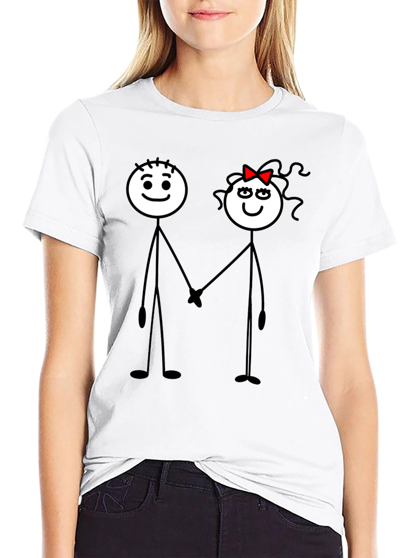 Couple Stick Figure Graphic Print Black T-Shirt