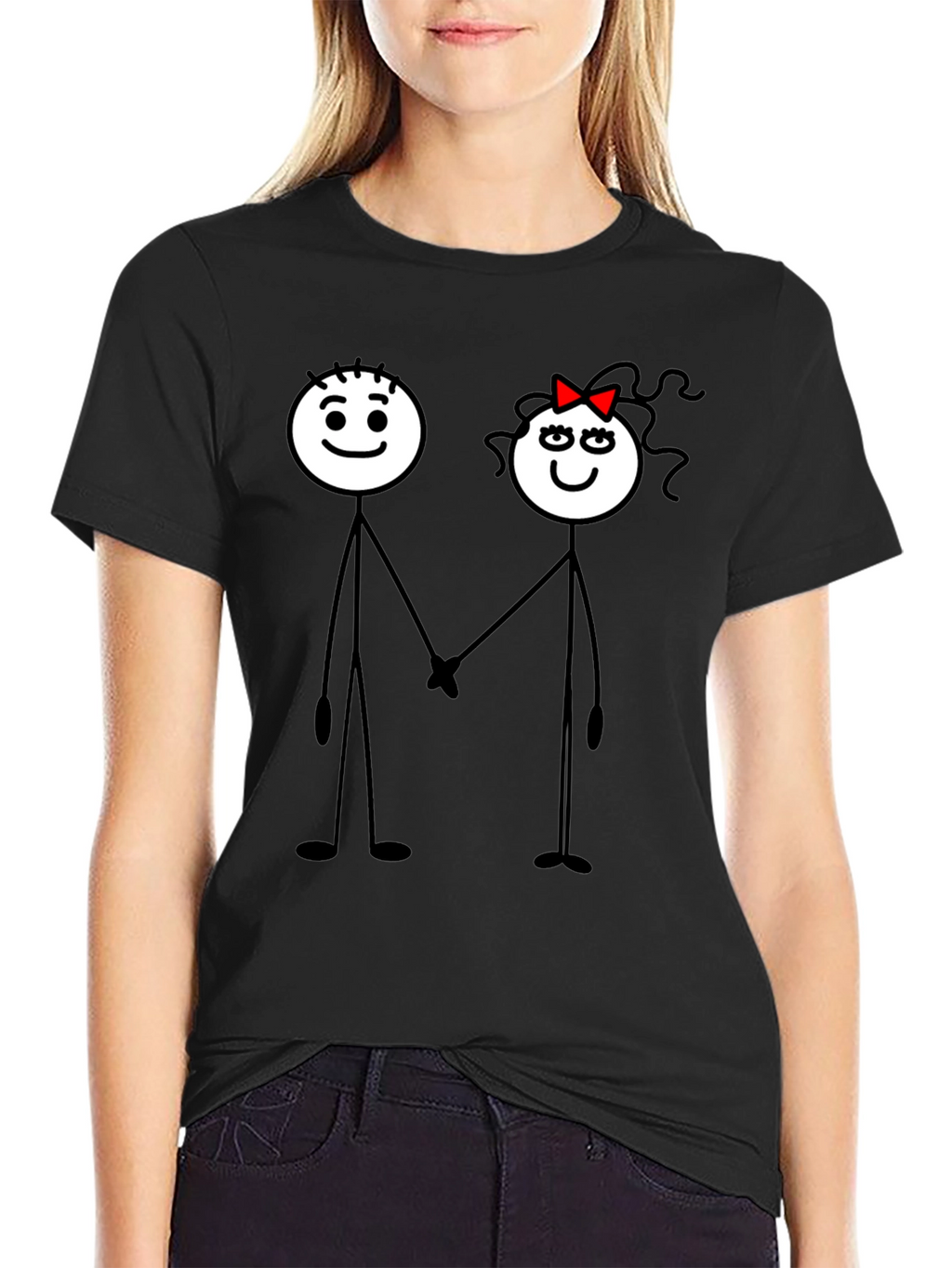 Couple Stick Figure Graphic Print Black T-Shirt