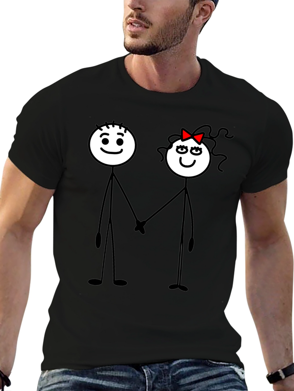 Couple Stick Figure Graphic Print Black T-Shirt
