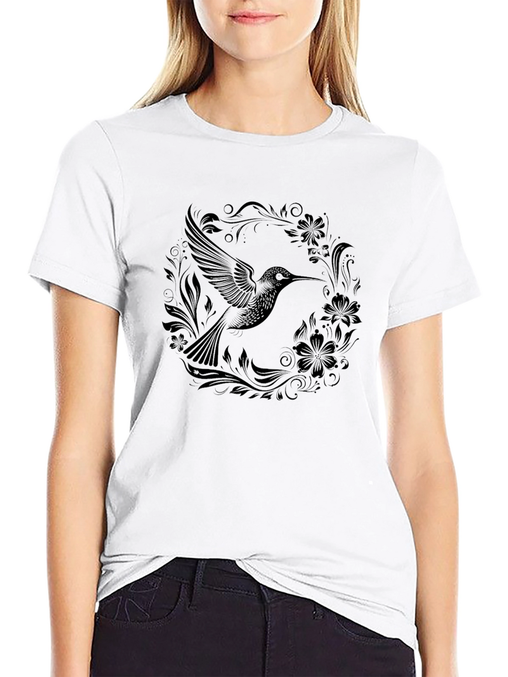 Hummingbird Floral Black T-Shirt