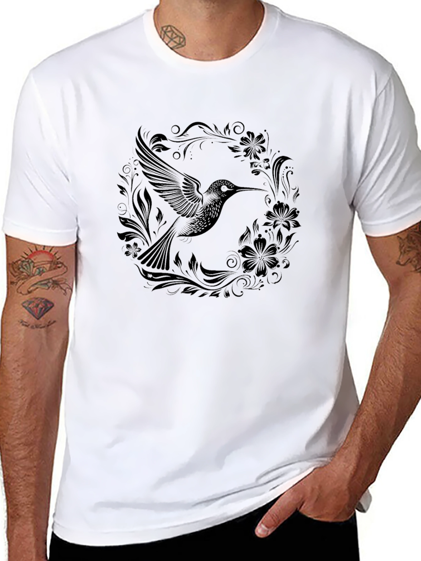 Hummingbird Floral Black T-Shirt
