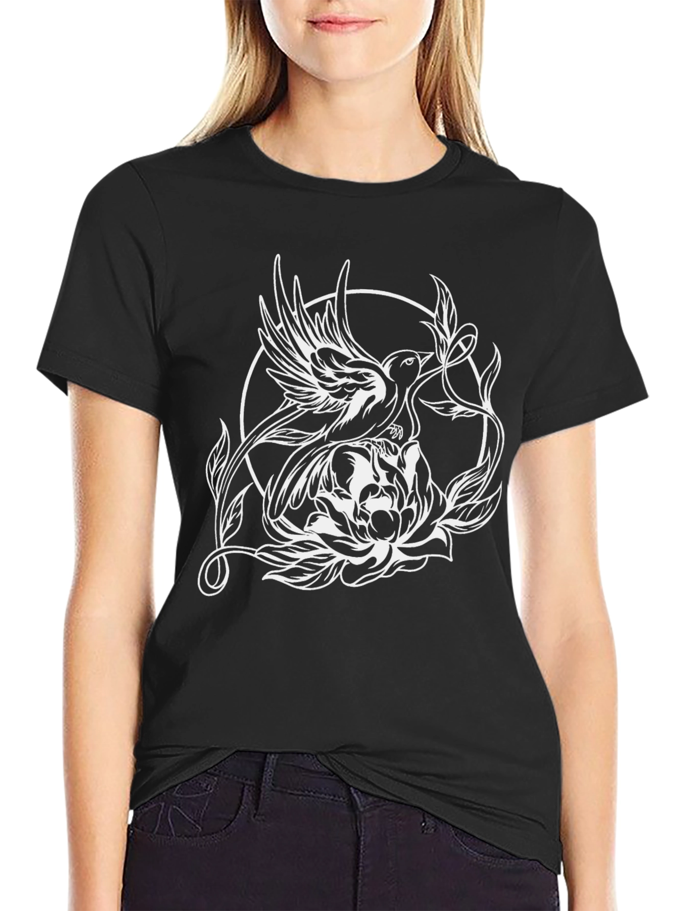 Bird & Flower Graphic Tee - Black
