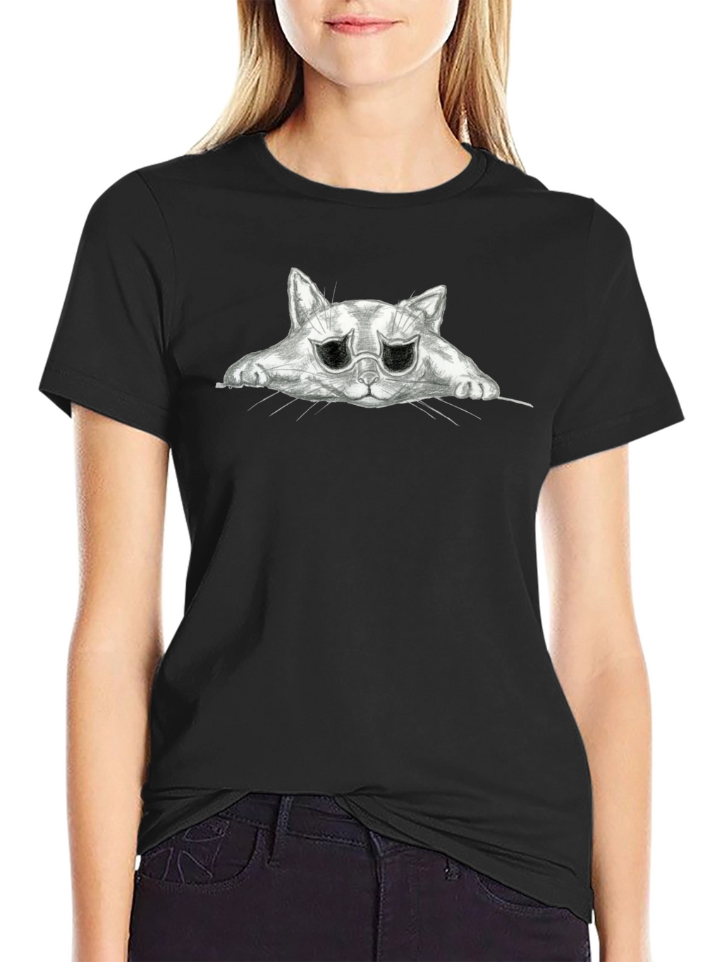 Sad Cat Graphic Black T-Shirt