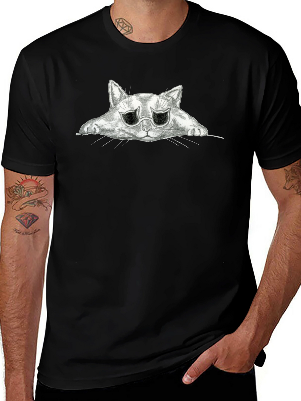 Sad Cat Graphic Black T-Shirt