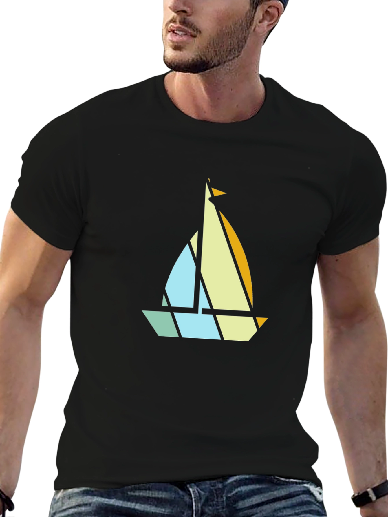 Geometric Sailboat Graphic Tee - Modern Nautical Style