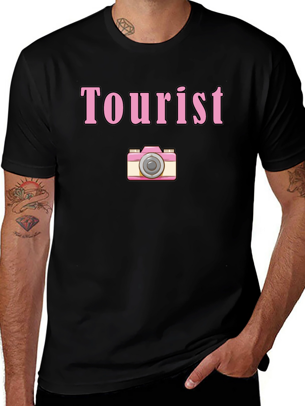 Tourist Camera Graphic Tee - Black Cotton Shirt