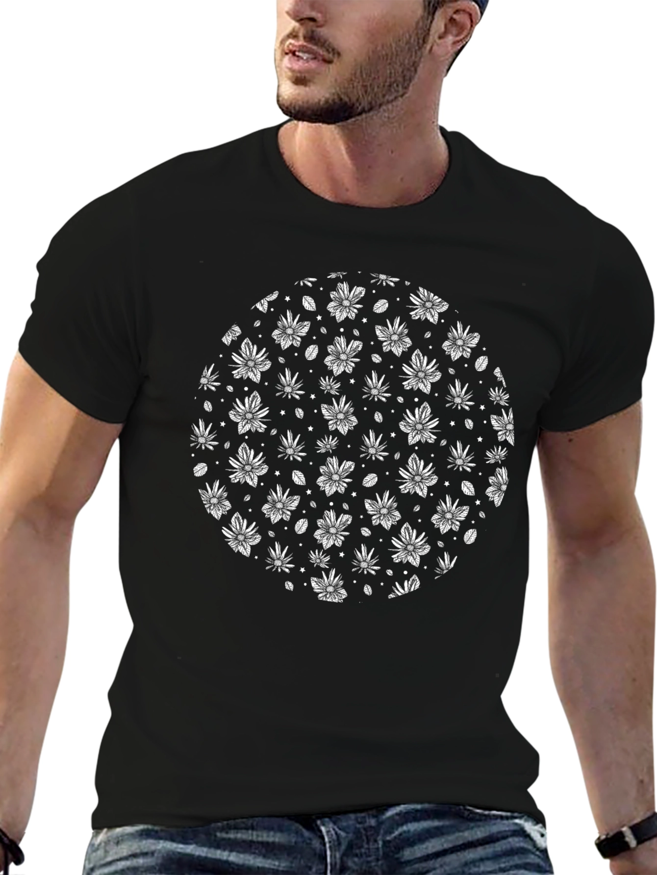 Black Graphic Tee - White Flower Pattern T-Shirt
