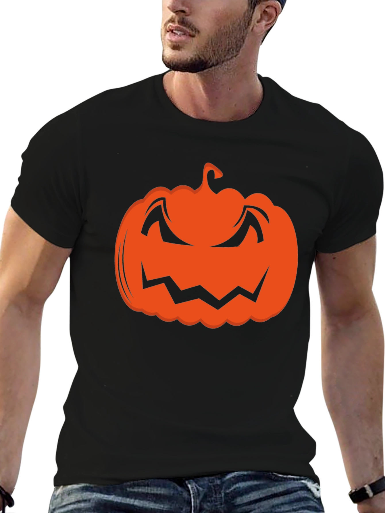 Halloween Pumpkin Graphic Tee - Black Cotton T-Shirt