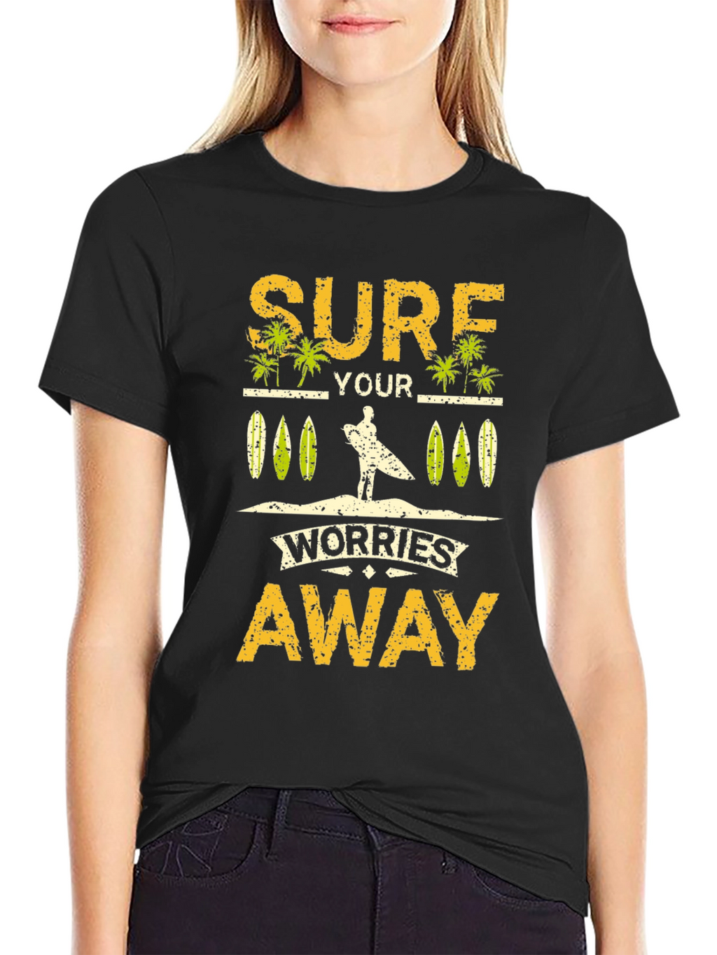 Surf Your Worries Away Black Graphic T-Shirt