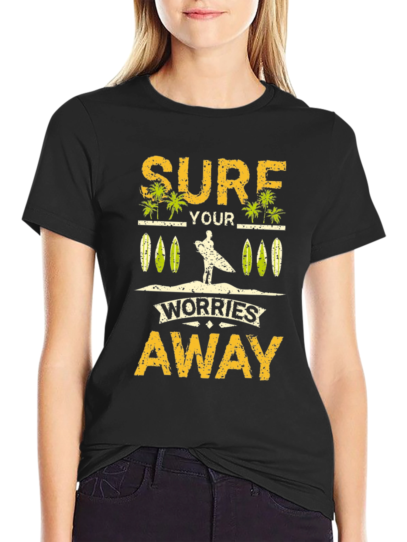 Surf Your Worries Away Black Graphic T-Shirt